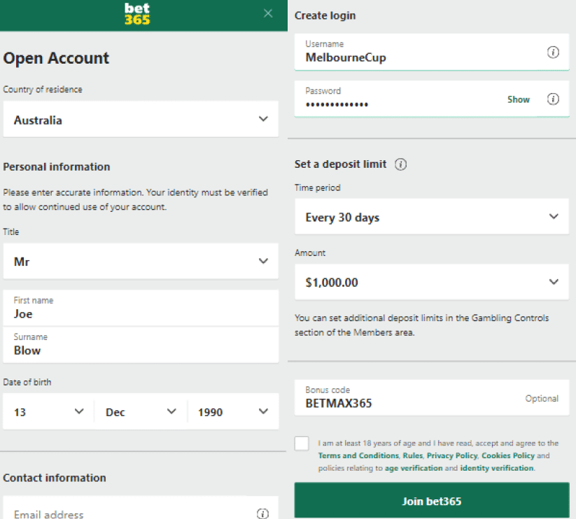 bet365 Melbourne Cup sign-up page